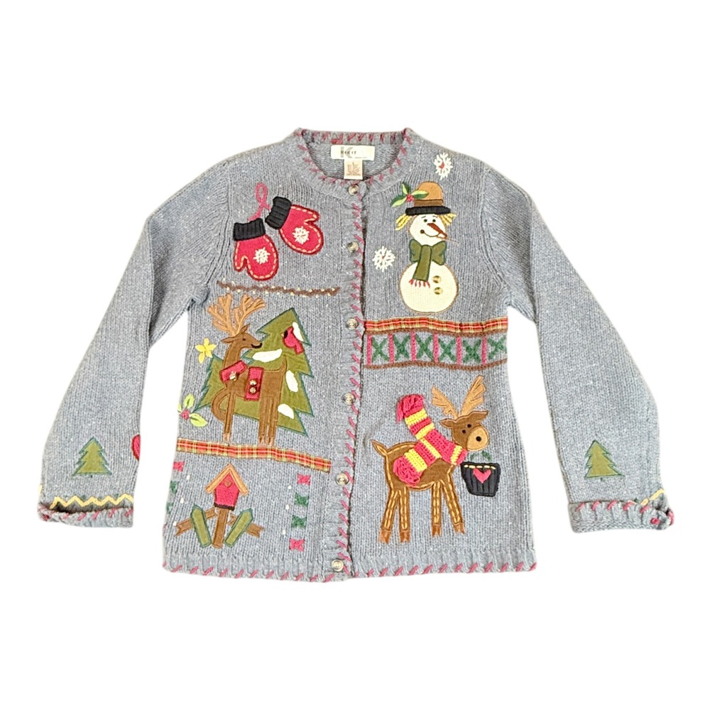 Kikit Christmas Cardigan Women Small Blue Reindeer Snowman Embroidery Wool Blend